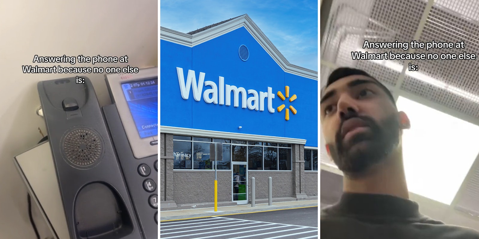 Customer answers phone at Walmart since no workers are around to