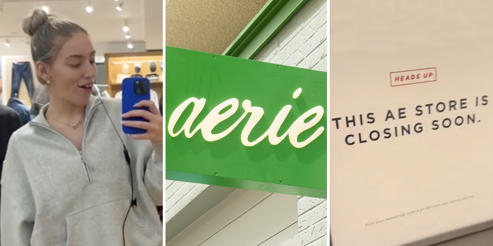 Woman taking selfie(l), Aerie sign(c),Sign saying store is closing(r)