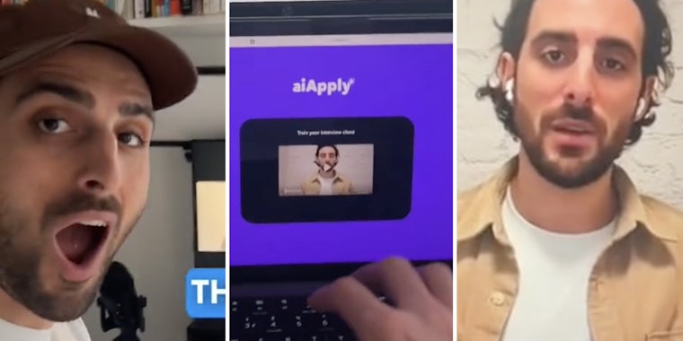 Man looking surprised(l), AiApply app(c), Ai persona talking(r)