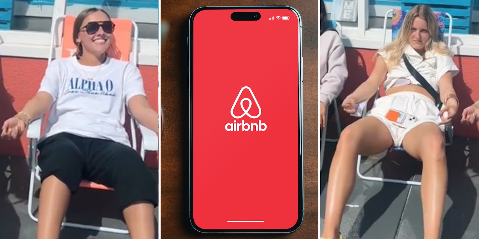 Women in chairs(l+r), Airbnb on phone(c)