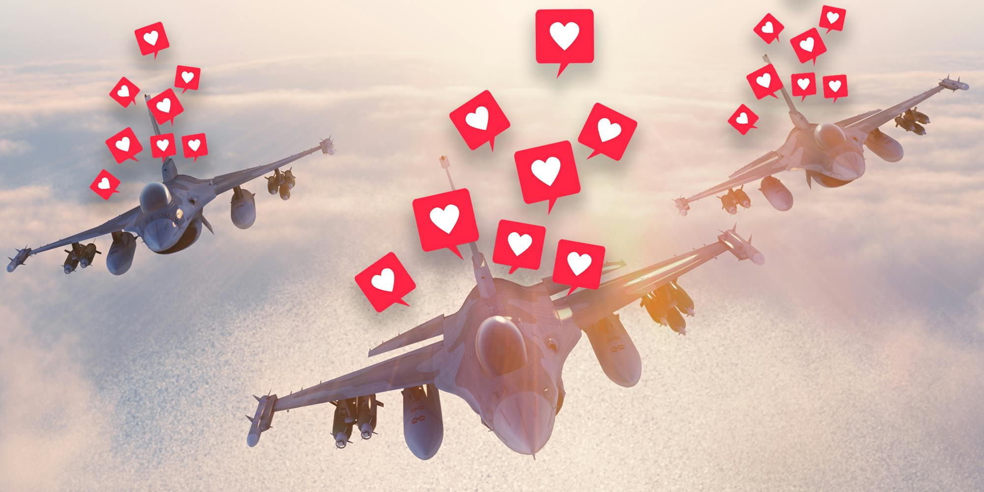 Three airforce planes with heart likes coming off the top of them