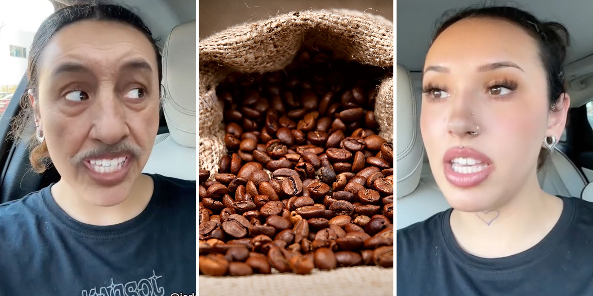 Man(l), Coffee Beans(c), Woman talking(r)