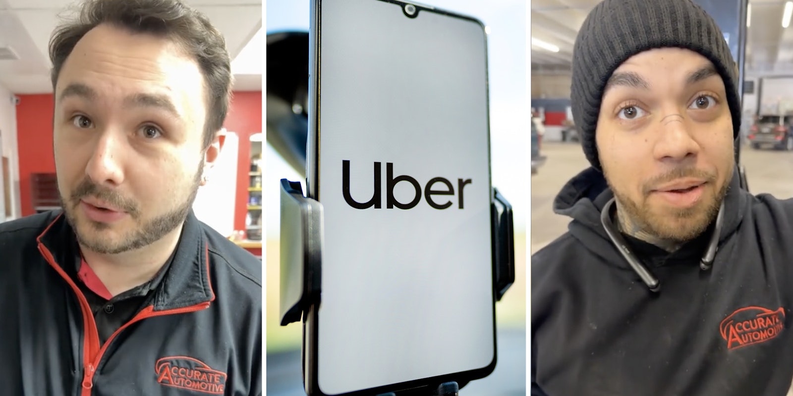 Man talking(l), Uber app on phone(c), Different man talking(r)