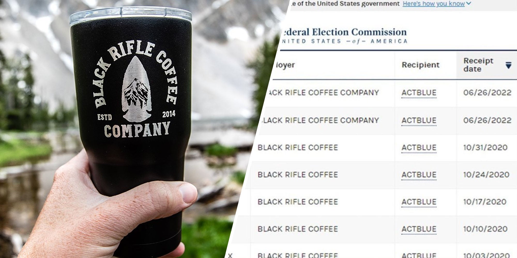 Hand holding cup(l), Website data(r)