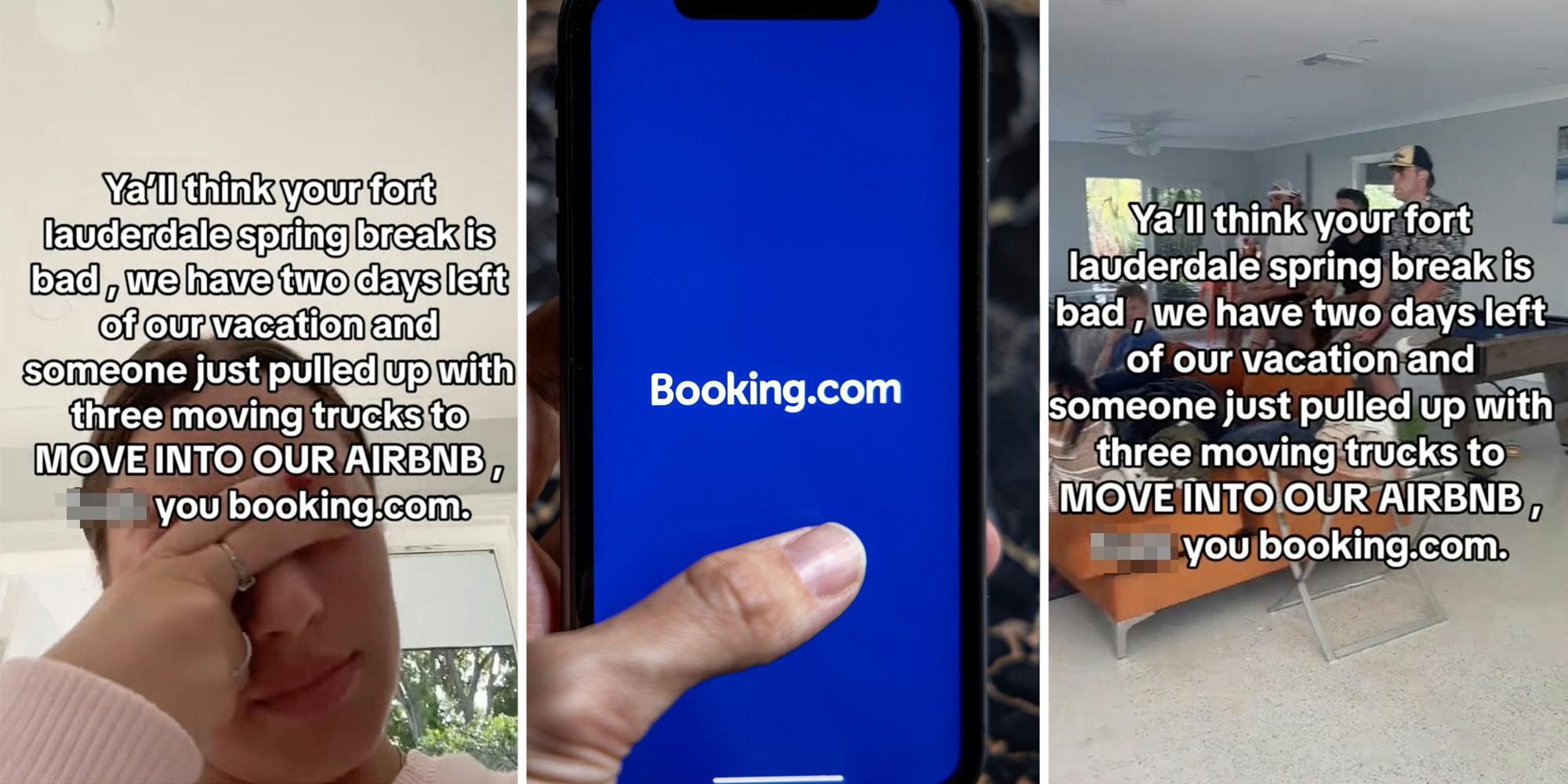 Woman with hand over her face(l), Hand holding phone with booking.com app(c), Group looking upset(r)