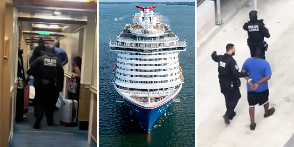 Police on cruise ship(l), Carnival Cruise ship(c), Police escorting passenger(r)