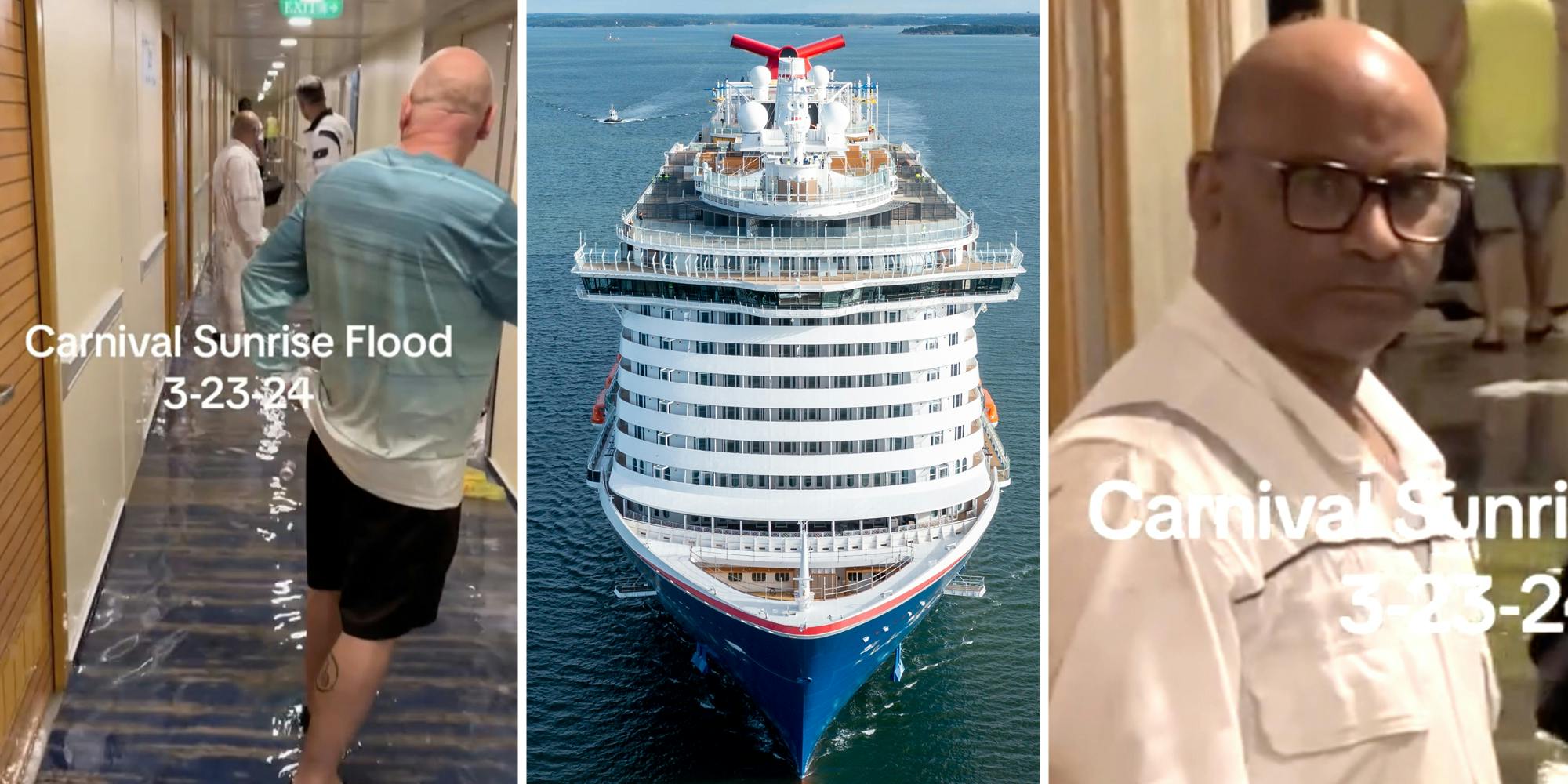 Carnival cruise hall flooded (left), Carnival cruise (middle), worried looking man (right)