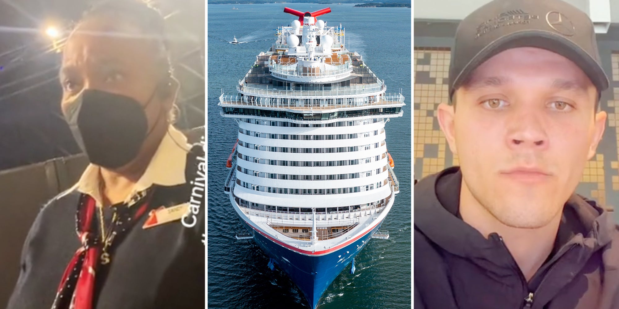 Carnival worker(l), Carnival Cruise(c), Man talking(r)