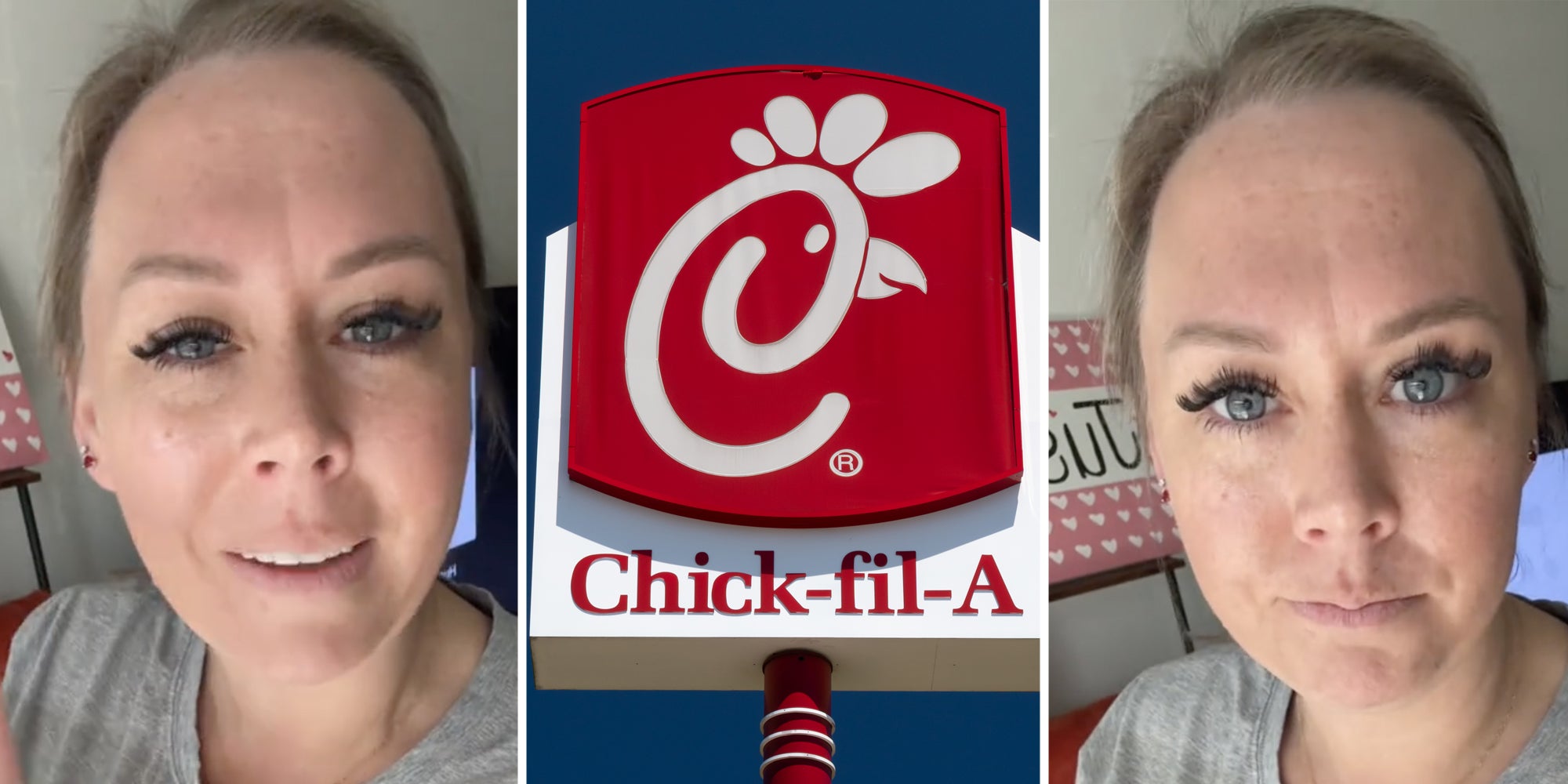 Woman talking(l+r), Chick-fil-a sign(c)