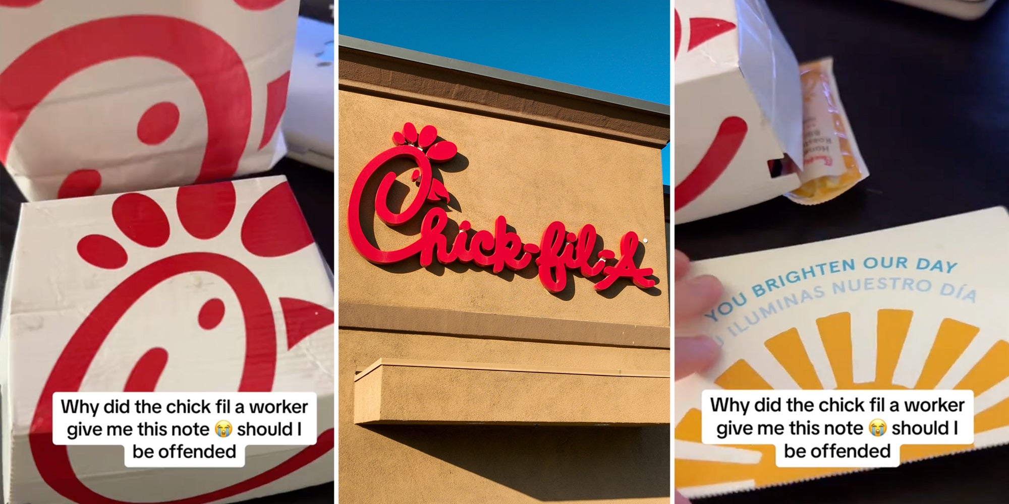 Chick-fil-a box(l), Chick-fil-a storefront(c), note(r)