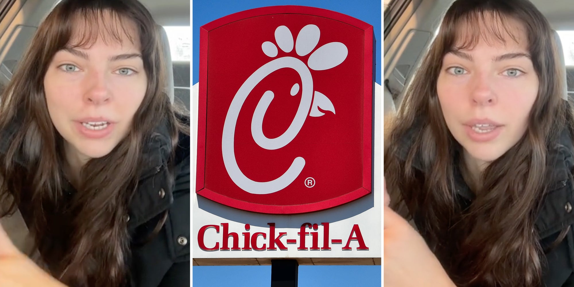 Woman talking(l+r), Chick-fil-a(c)