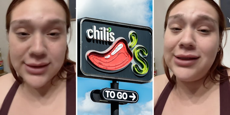 Woman talking(l+r), Chili's to go sign(c)