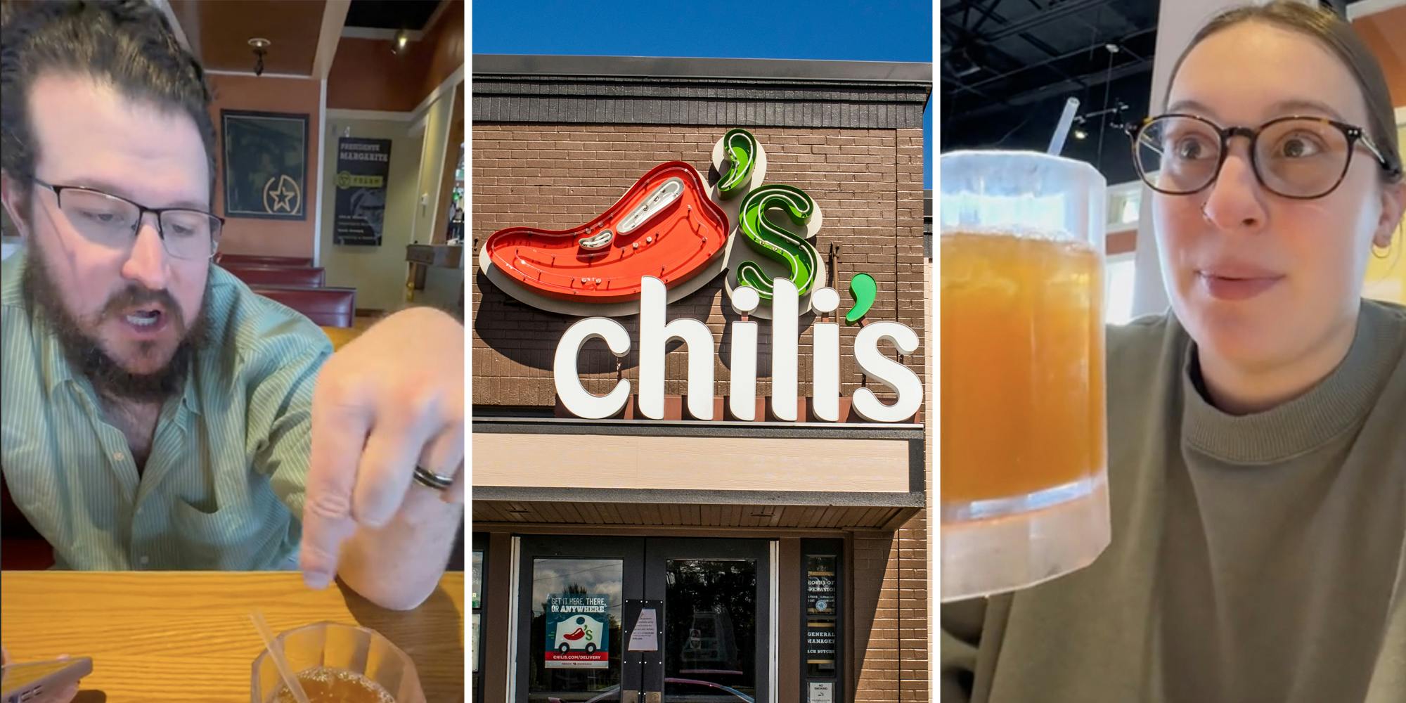 Man pointing to drink(l), Chili's(c), Woman holding drink(r)