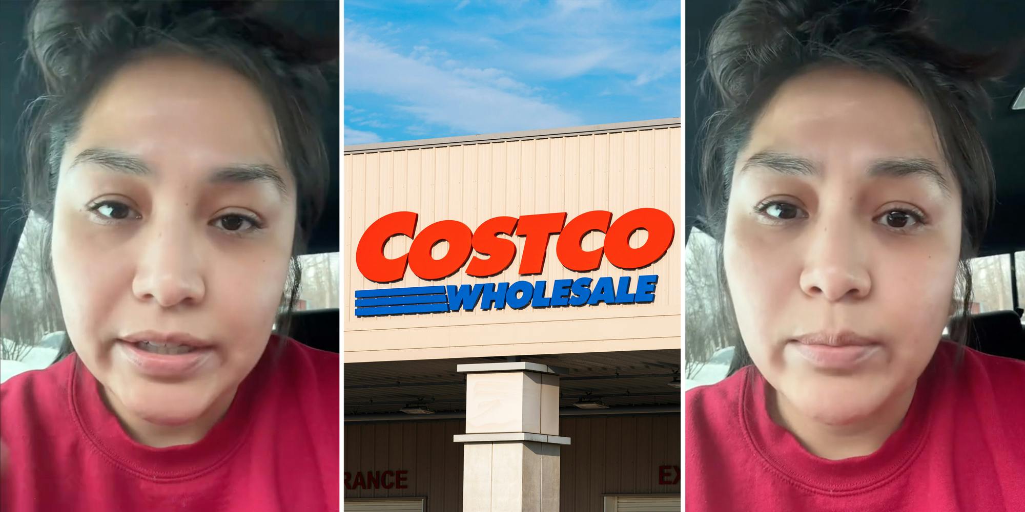 Woman talking(l+r), Costco storefront(c)