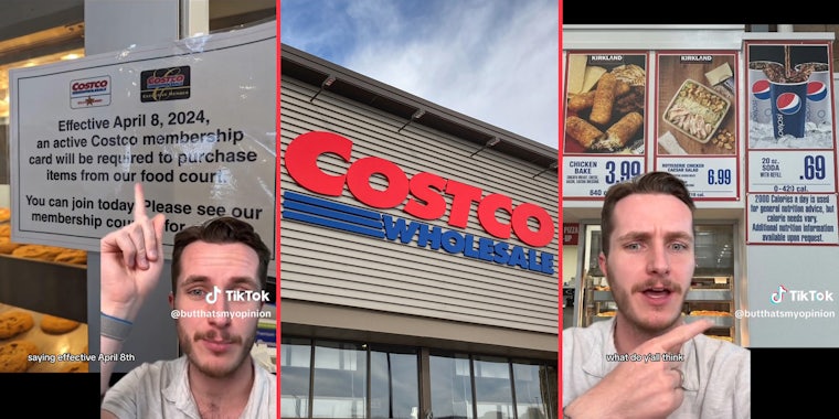 man pointing at Costco signs (l&r) Costco storefront (c)