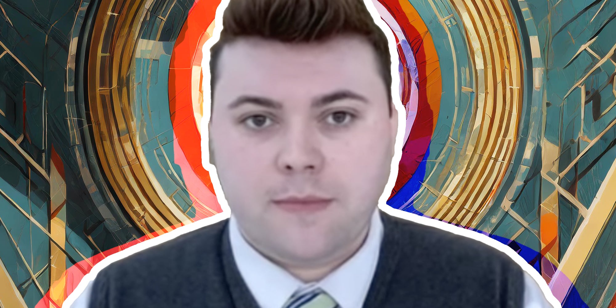 Derek Myers in front of art deco background