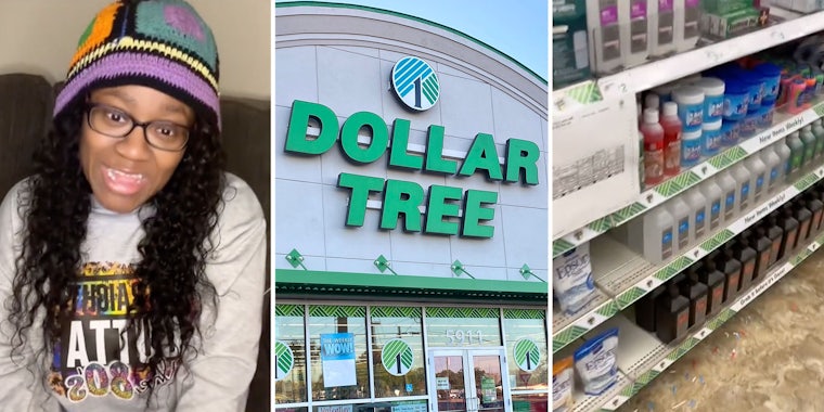 Woman talking(l), Dollar Tree(c), Store aisle(r)