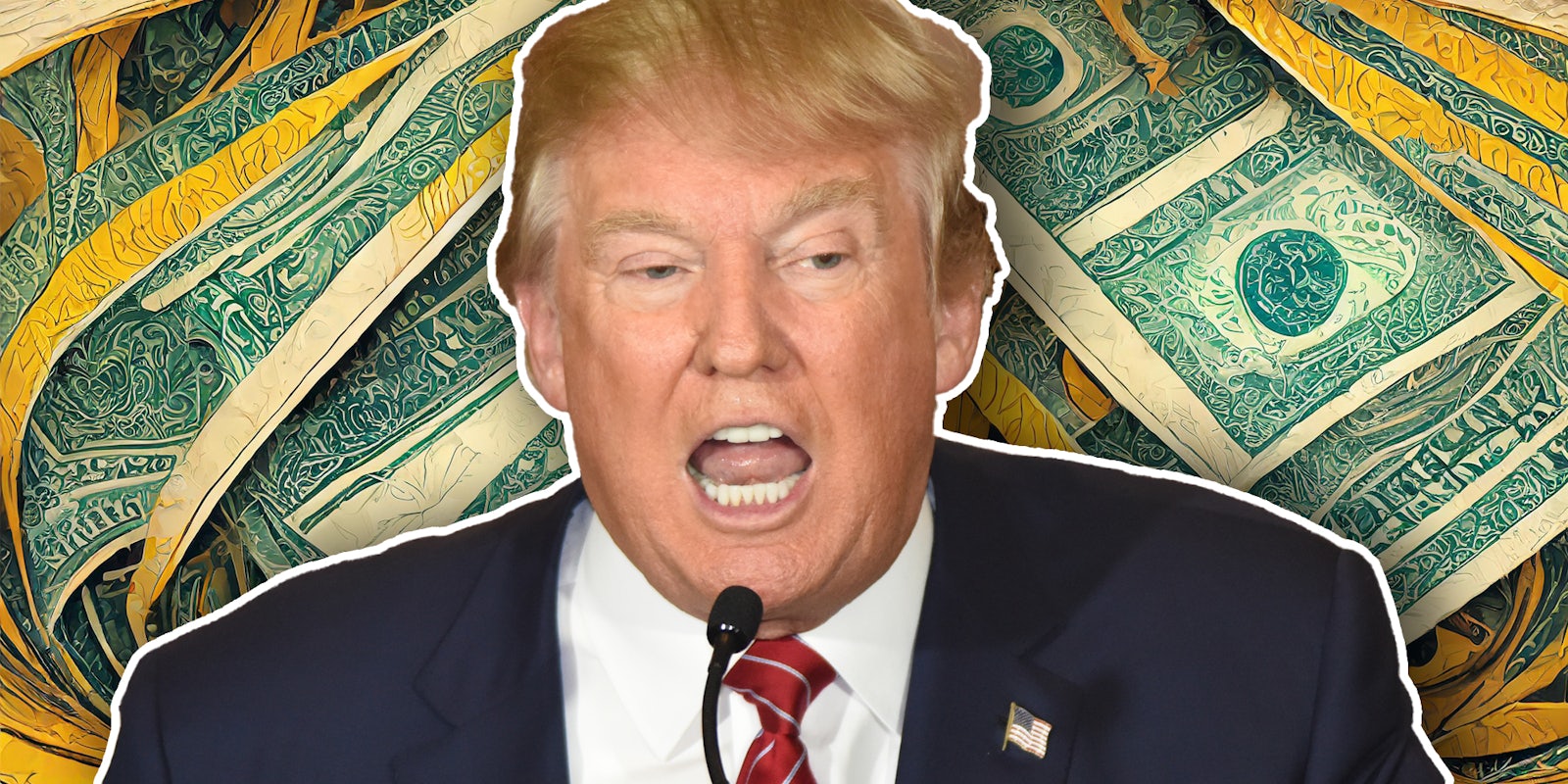 Donald Trump in front of AI image of money