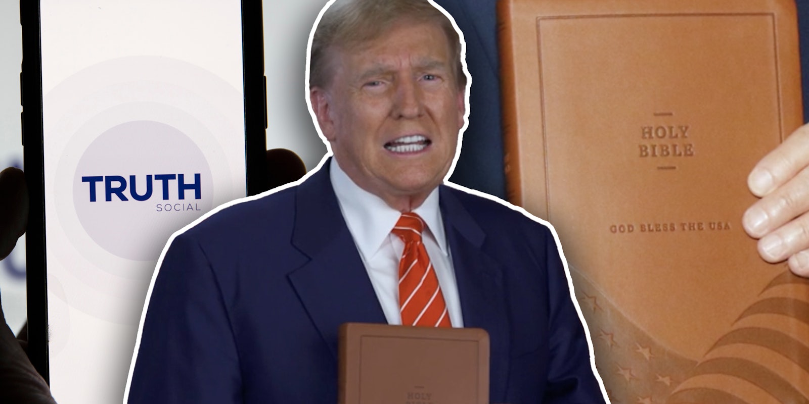 Truth social(l), Donald Trump holding a bible(c), Close up of bible(r)