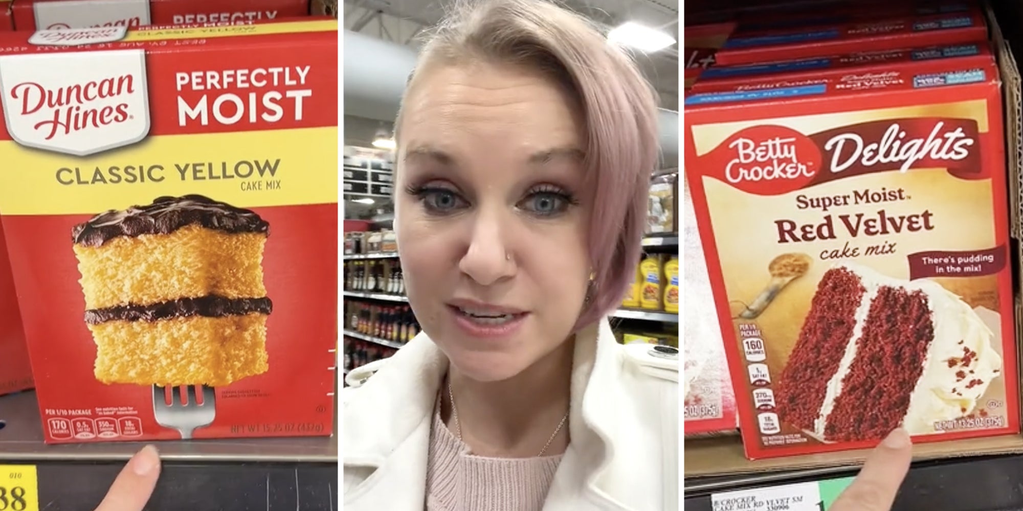 Finger pointing to Duncan Hines box(l), Woman talking(c), Finger pointing to the Betty Crocker box(r)