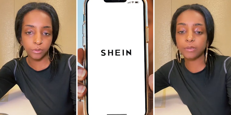 Woman talking(l+r), Hand holding phone with Shein app open(c)
