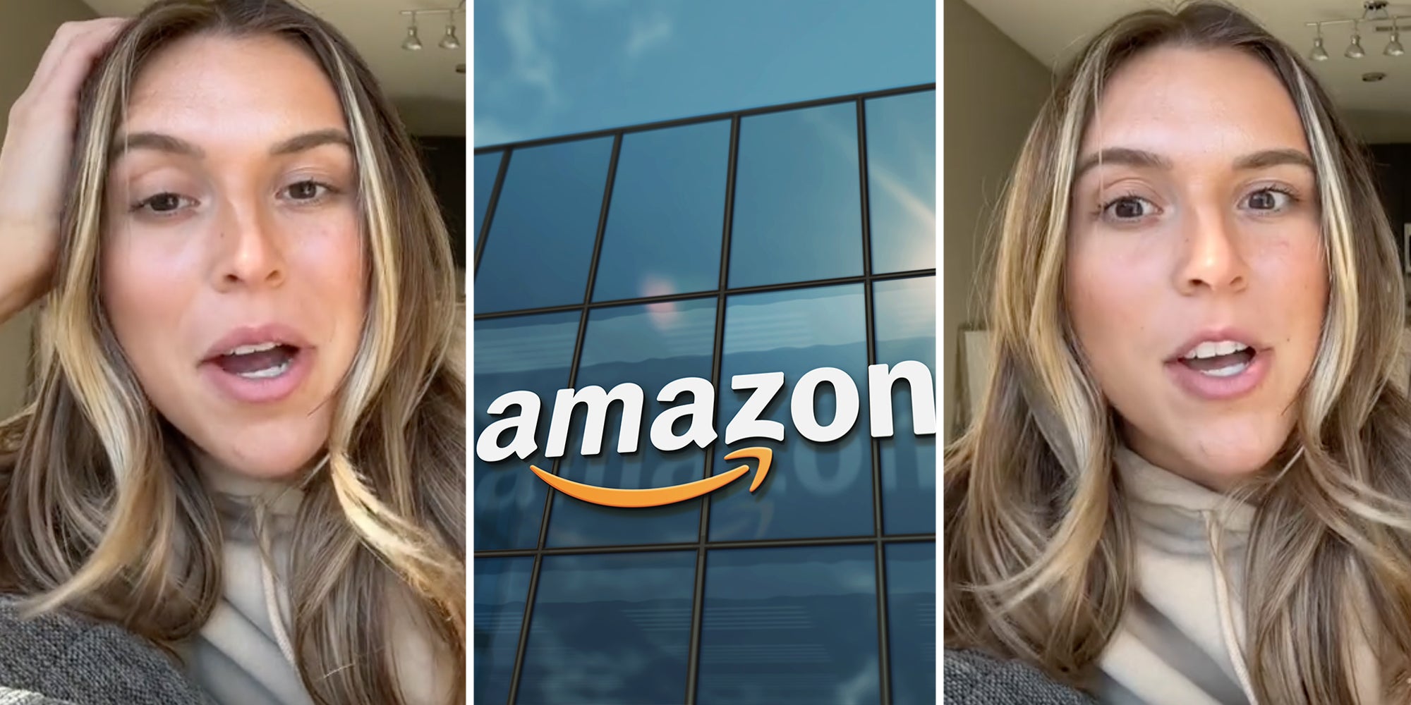 Woman talking(l+r), Amazon HQ(c)