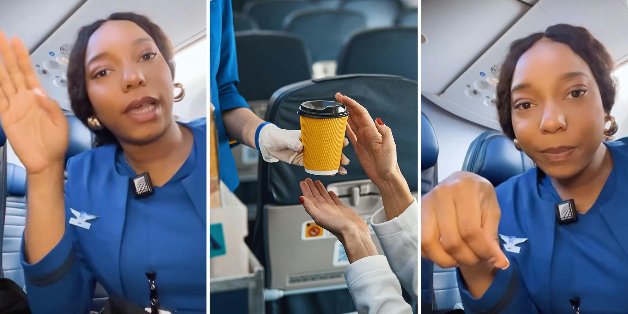 Flight attendant talking(l+r), Hands passing coffee on airplane(c)