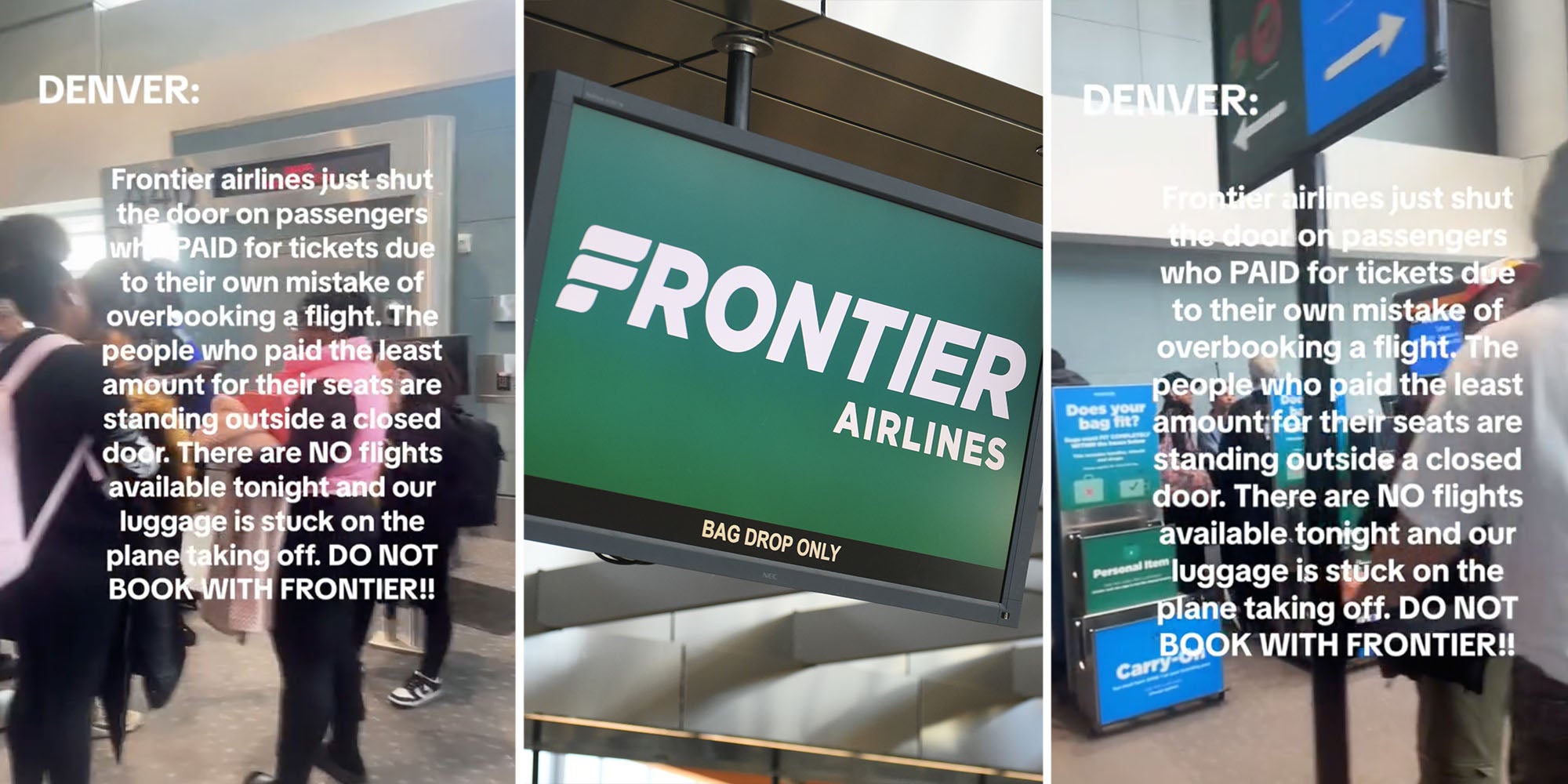 People waiting outside gate(l+r), Frontier Airlines screen(c)