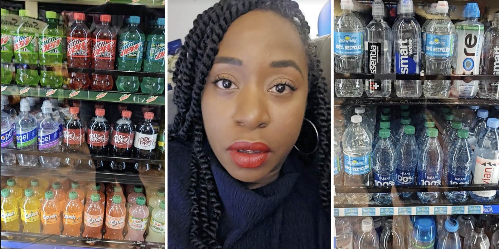 Drinks in fridge(l+r), WOman talking(c)