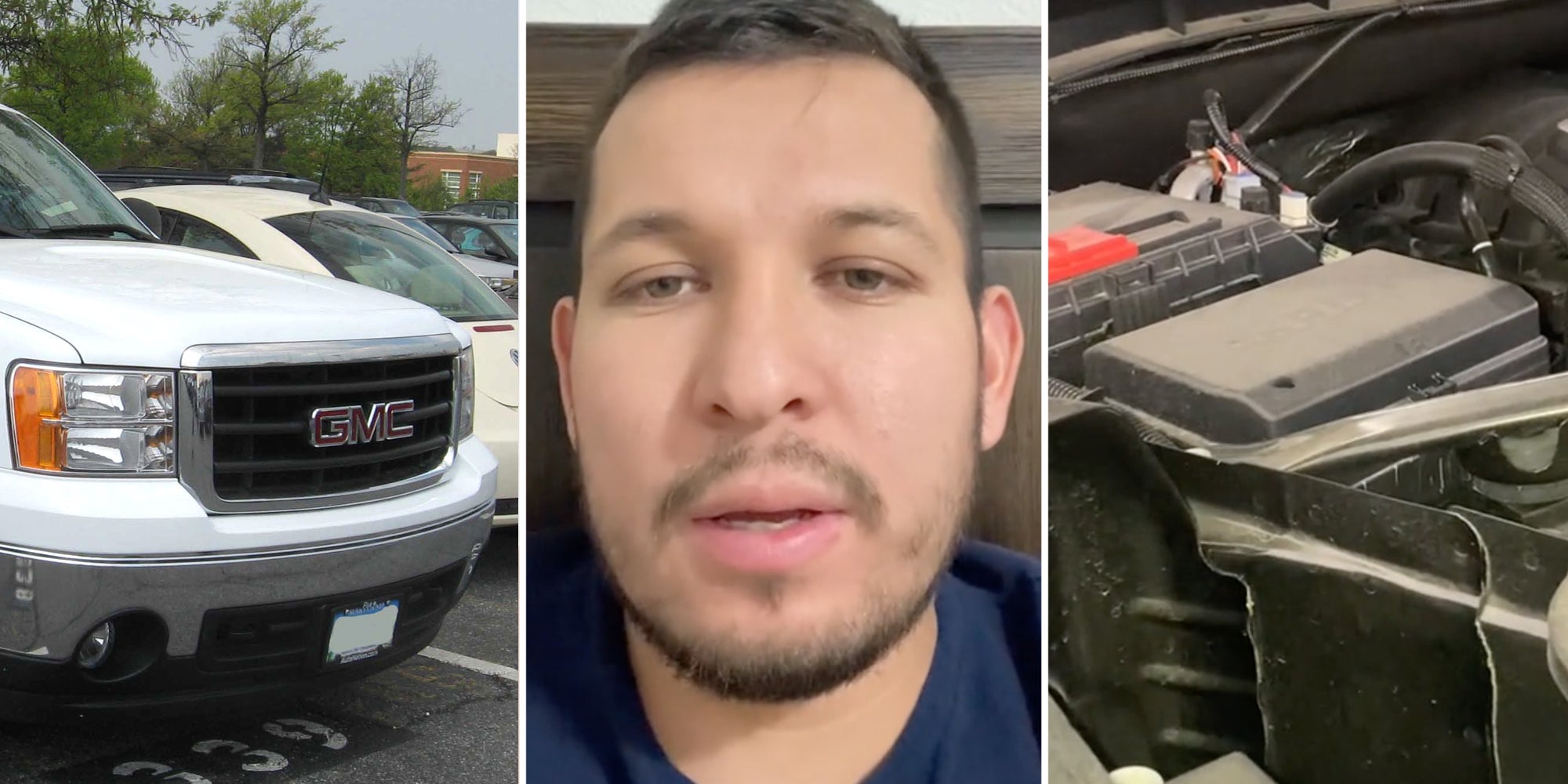 GMC Sierra(l), Mechanic talking(c), Engine(r)