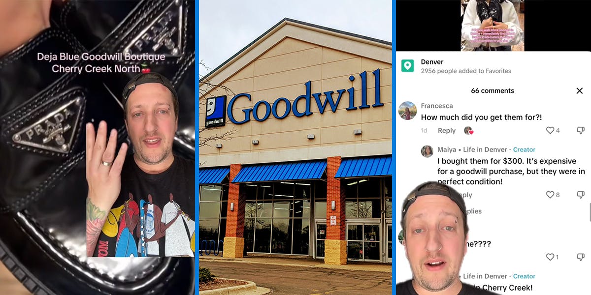 man greenscreen TikTok over image of Prada shoe with caption "Deja Blue Goodwill Boutique Cherry Creek North" (l) Goodwill building with sign (c) man greenscreen TikTok over image of TikTok comments (r)