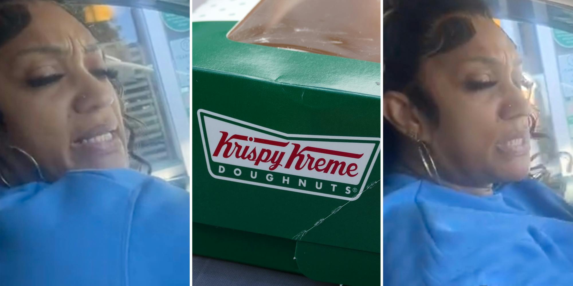 Woman talking(l+r), Krispy Kreme Donughnuts box(c)