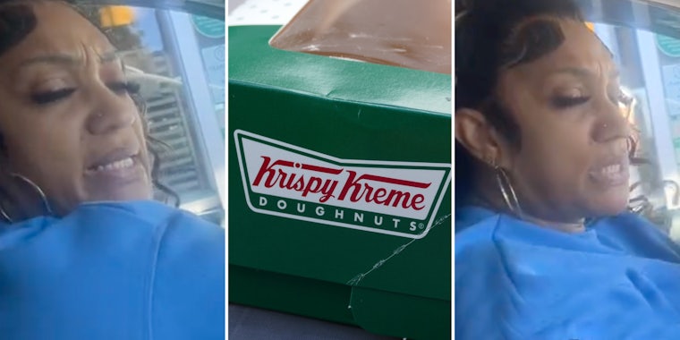 Woman talking(l+r), Krispy Kreme Donughnuts box(c)