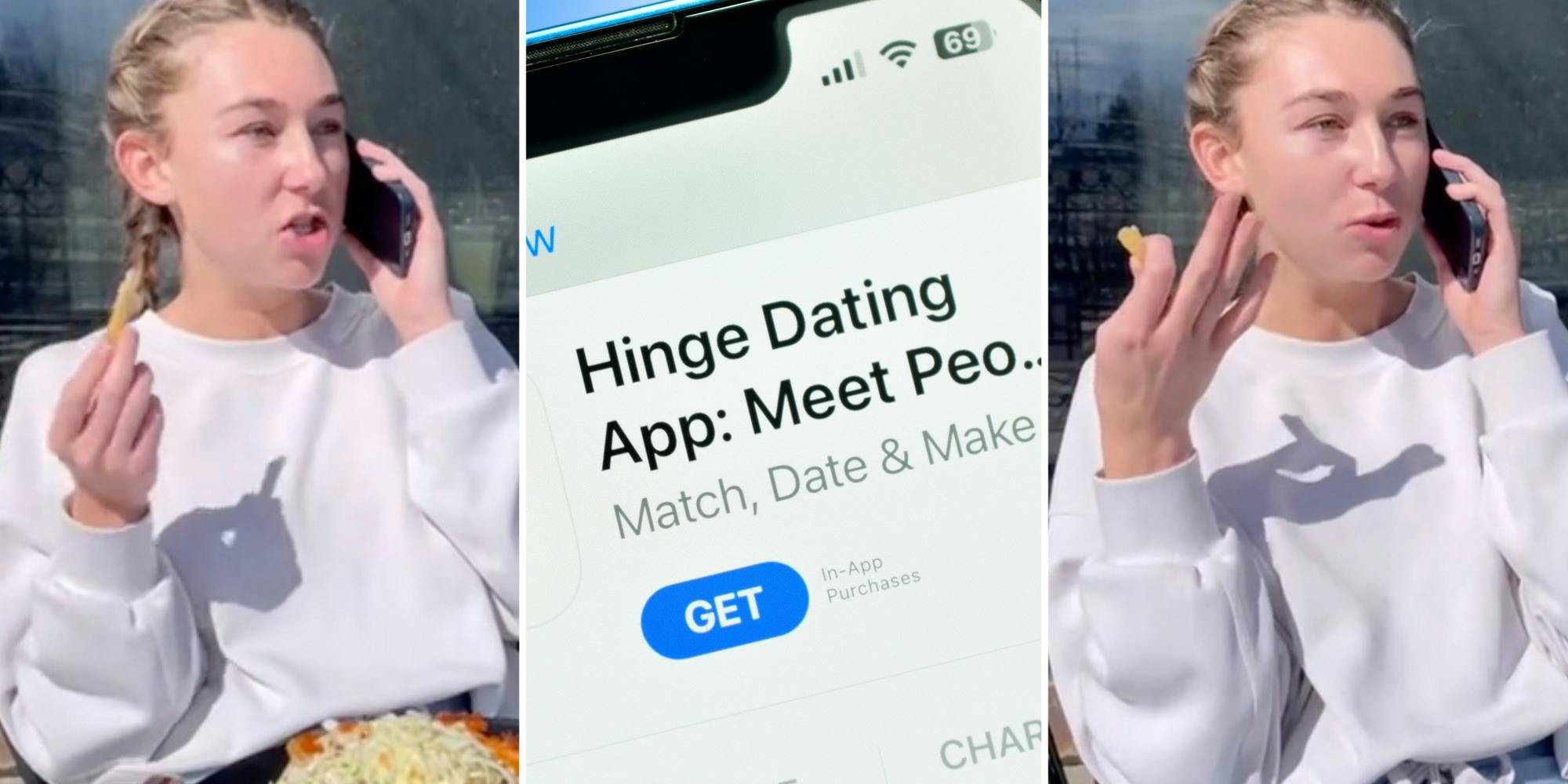 Woman on the phone(l+r), Hinge Dating app on phone(c)