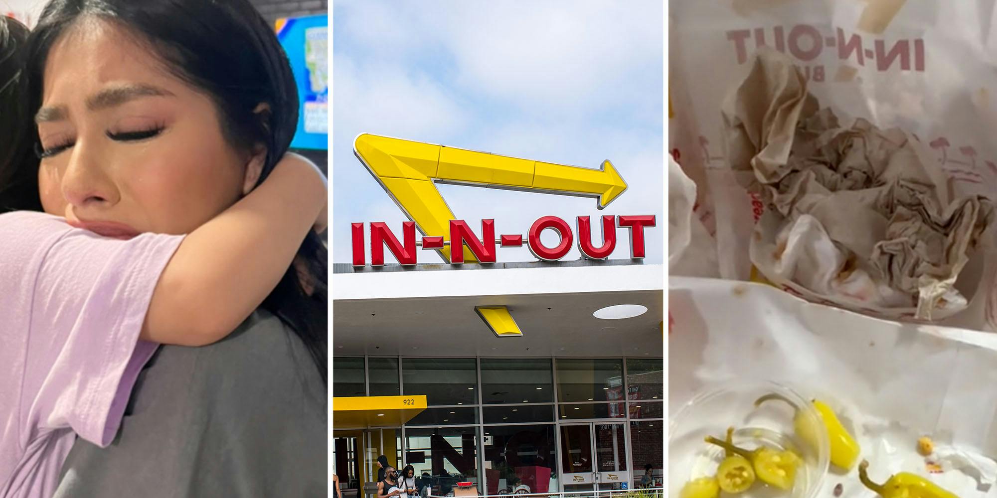 Woman looking upset(l), in-n-out store(c), Peppers(r)