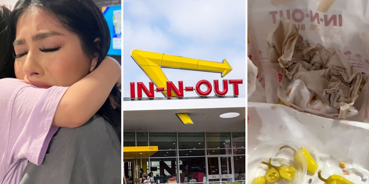 Woman looking upset(l), in-n-out store(c), Peppers(r)