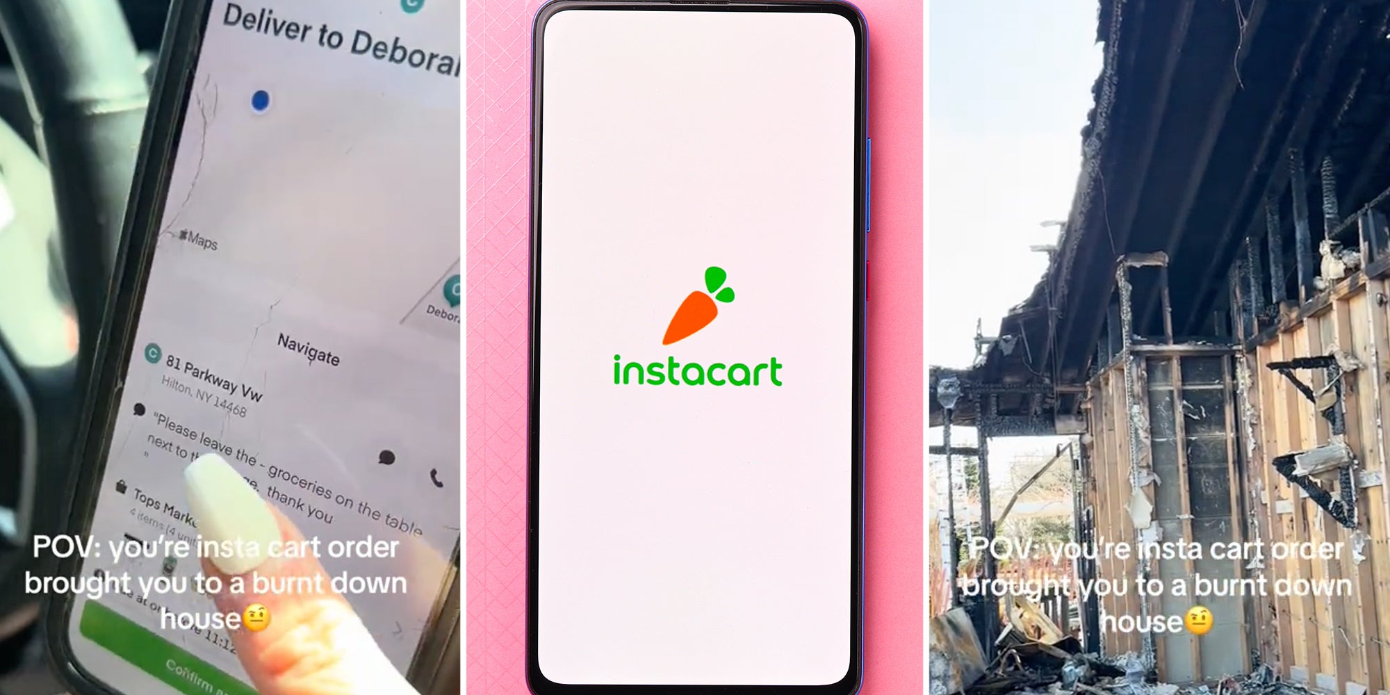 Hand holding phone with map(l), Instacart(c), Burned down house(r)
