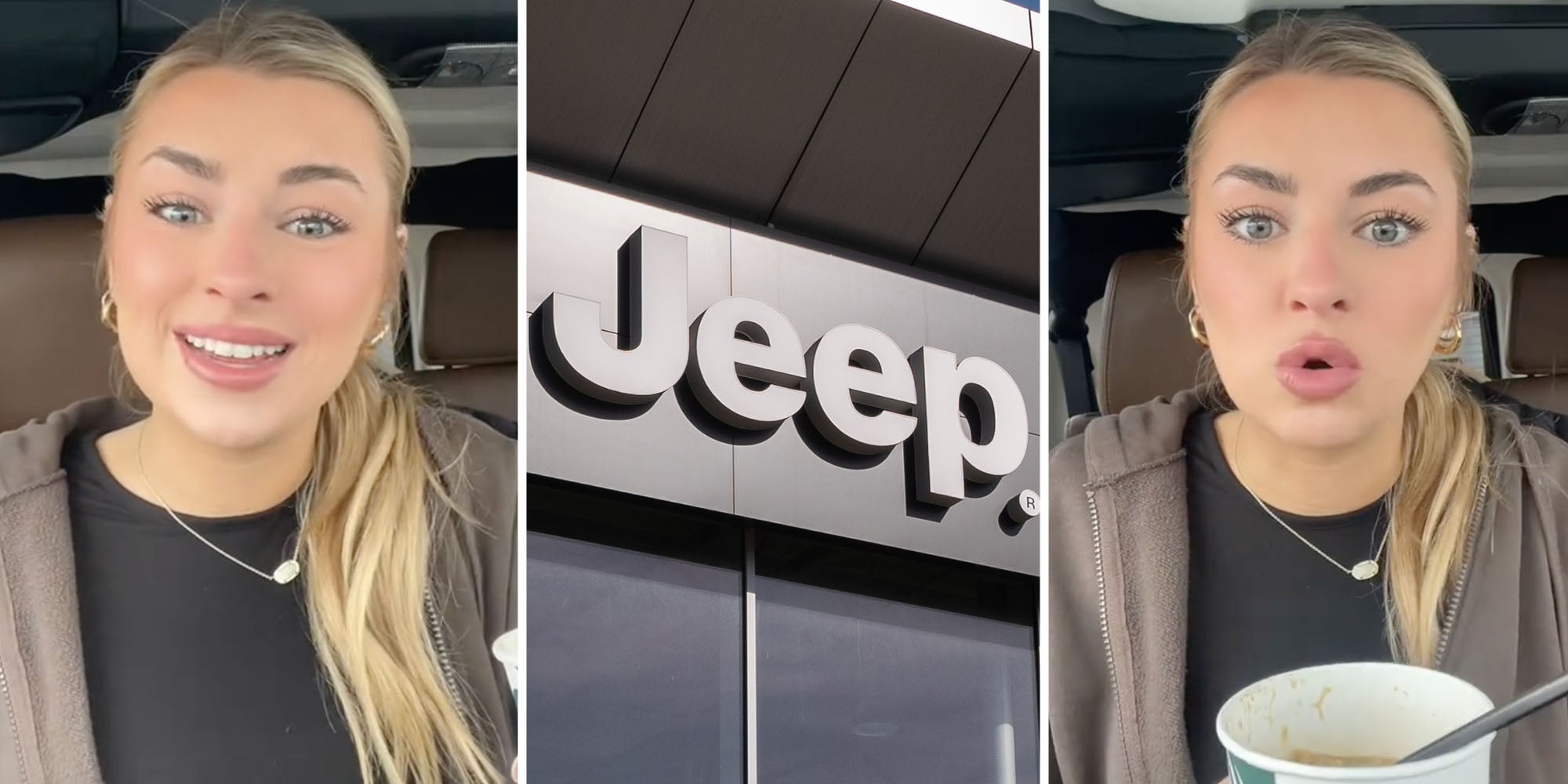 Woman talking(l+r), Jeep store(c)
