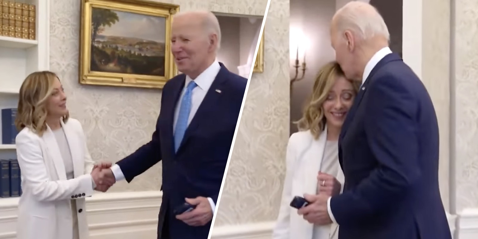 Giorgia Meloni and President Biden shaking hands(l), Biden kissing her on top of the head(r)