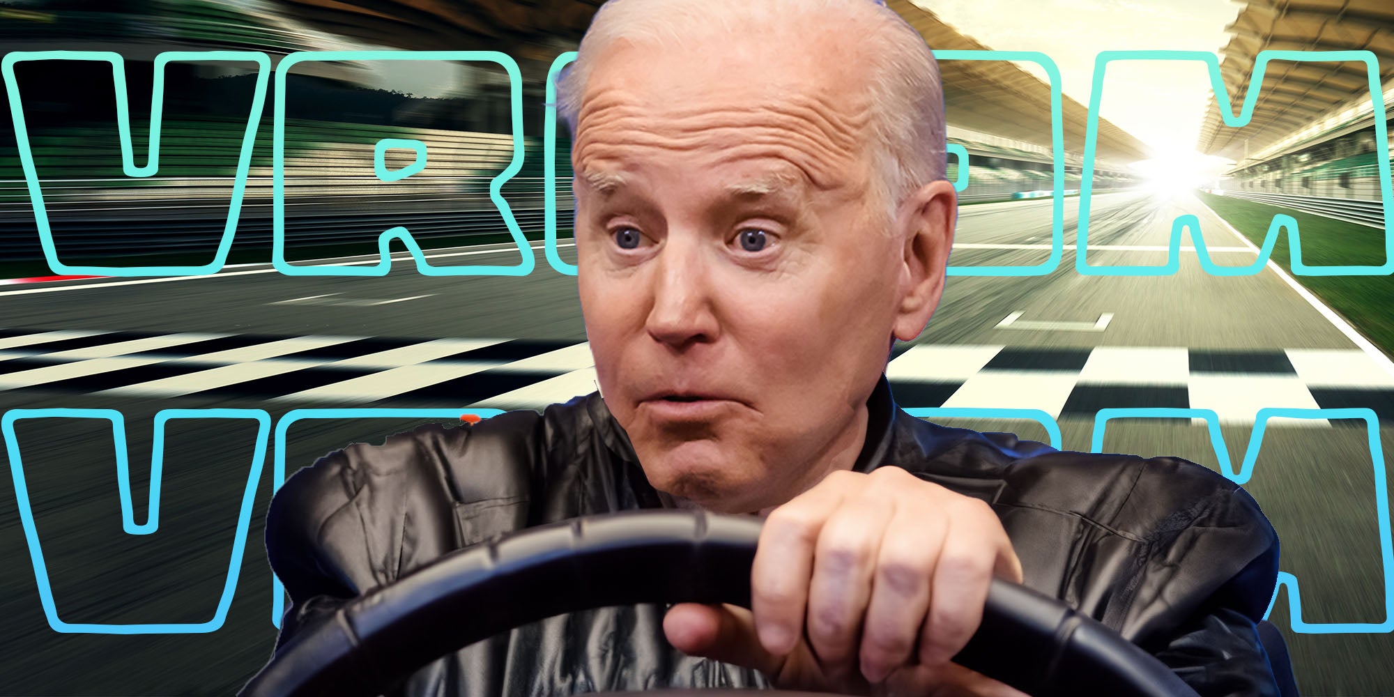 Joe Biden driving on racetrack illustration