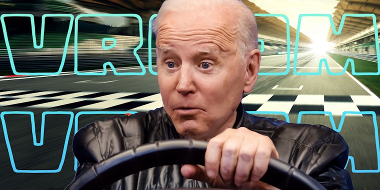 Joe Biden driving on racetrack illustration