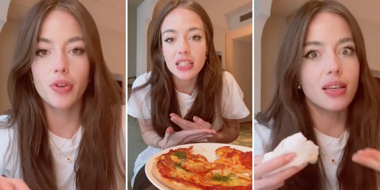 Woman talking(l+r), Woman with pizza(c)