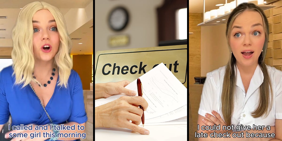 woman speaking with caption 'I called and I talked to some girl this morning' (l) hotel checkout with hand signing papers (c) woman speaking with caption 'I could not give her a late checkout because' (r)