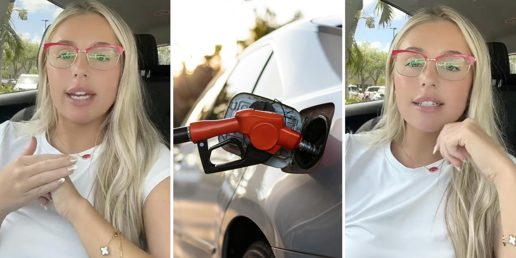 Woman talking(l+r), Gas pump in car(c)