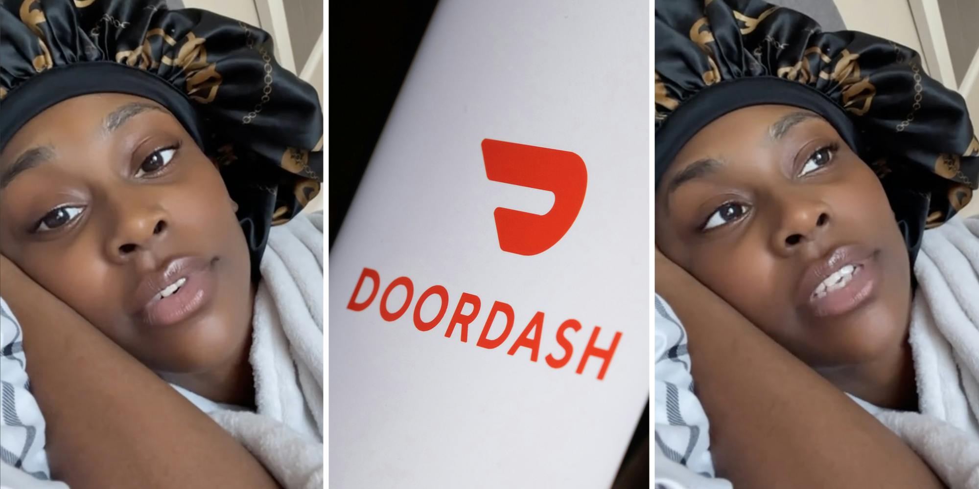 Woman talking(l+r), Doordash app on phone(c)