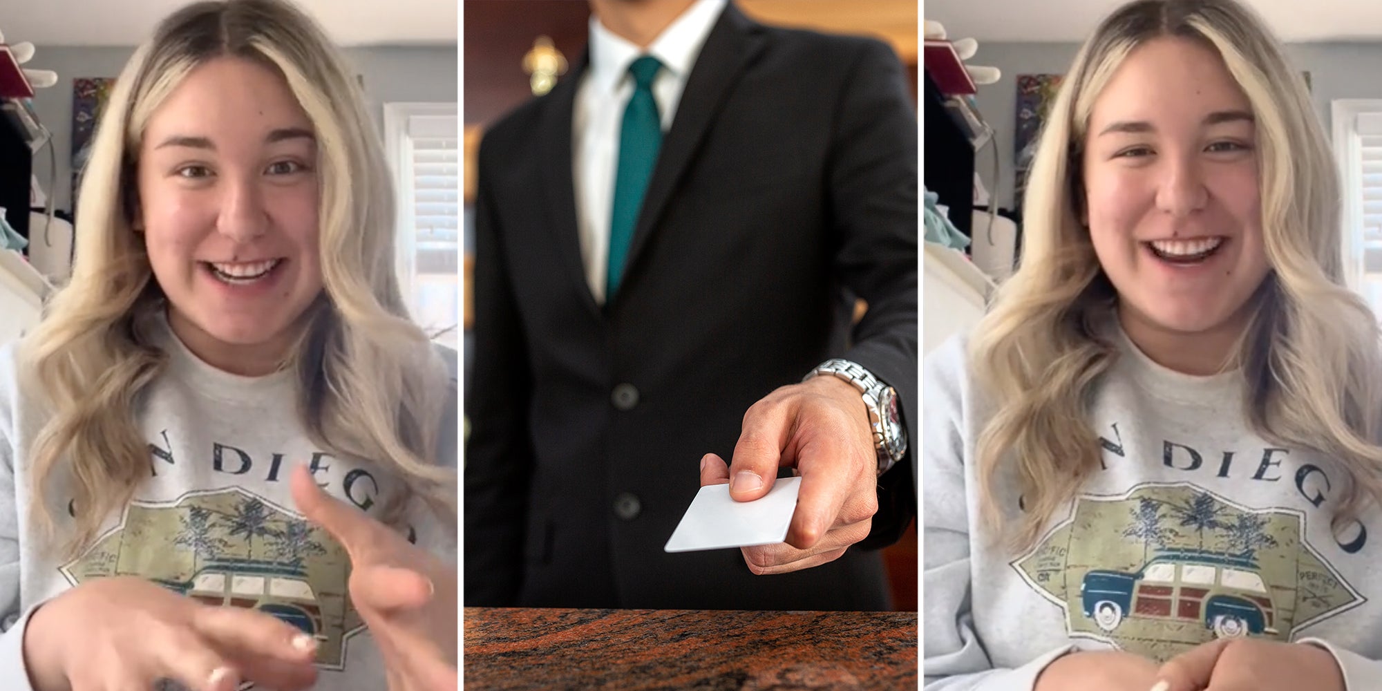 Woman talking(l+r), Hotel concierge handing hotel key(c)