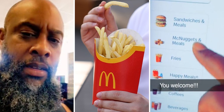 Man talking(l), Woman eating McDonalds fries(c), Finger pointing to McDonalds screen(r)