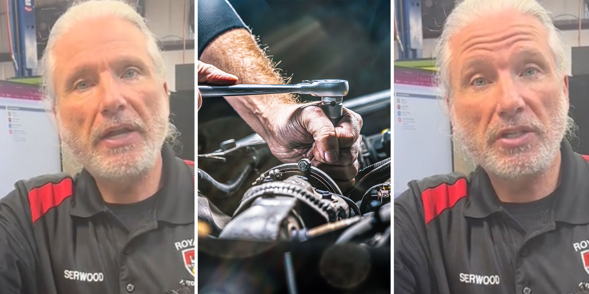 Man talking(l+r), Mechanic working on engine(c)