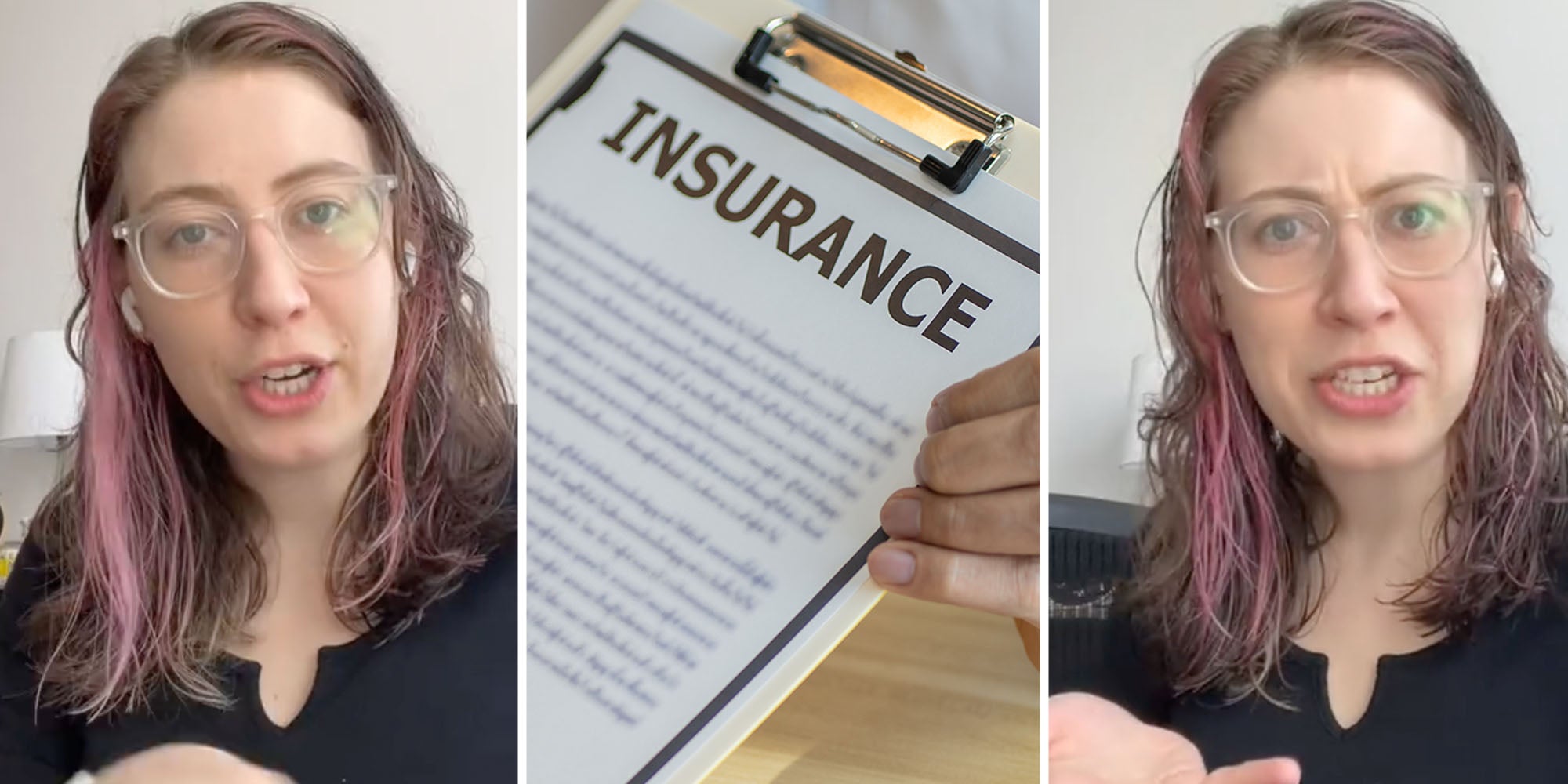 Woman talking(l+r), Insurance form(c)
