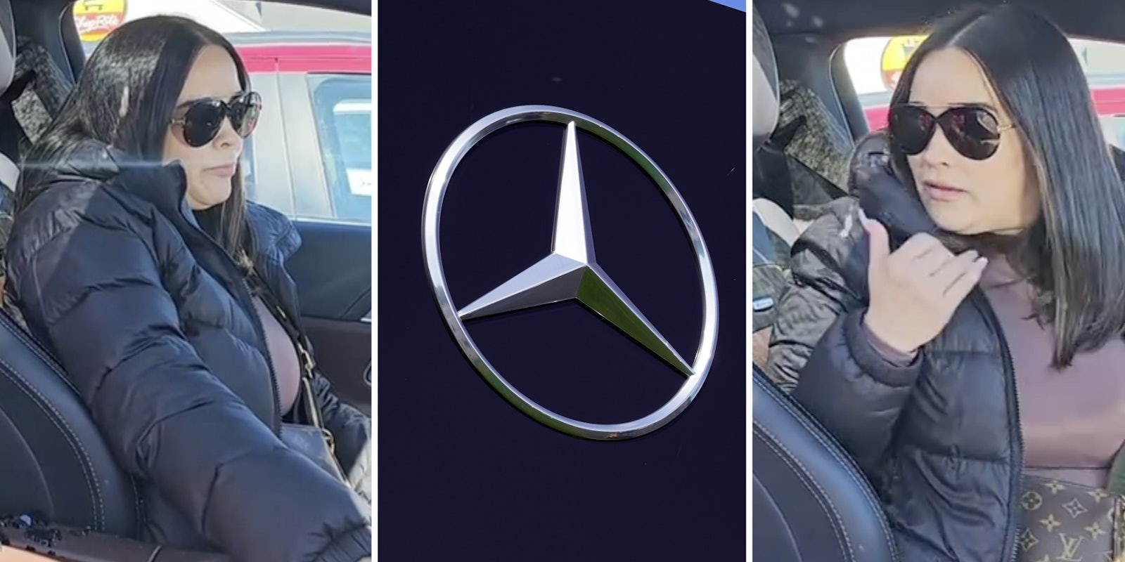 Woman looking upset(l+r), Mercedes logo(c)